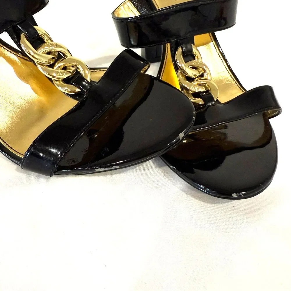 Anne Klein Black‎ Gold Chain Link Heels Sandal Slides Professional Womens 8.5